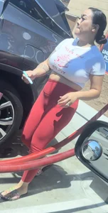 Big tit busty Asian VPL red leggings at car wash
