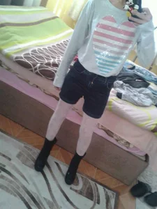 Skinny Girl in Shorts With Slim Pale Legs Mirror Selfie in Bedroom