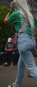 Blonde candid hottie wearing tight blue jeans, multiple closeups of her booty