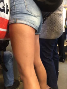 Hot Ass in Denim Mini-Shorts Bus Closeup Creepshot - Awesome Legs