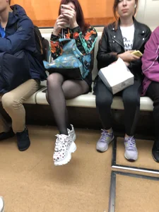 Cute Girl in Black Pantyhose with Hot Legs Subway Candid Photos