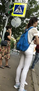Girl with Hot Skinny Legs in Tight White Jeans at the Crosswalk Street Candid