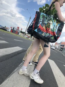 Girl in a Short Dress With Long Pale Fit Tattooed Legs on the Crosswalk Creepshots