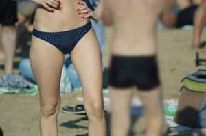Cute Skinny Girl with Pale Skin in Swimsuit on the Beach Creepshots