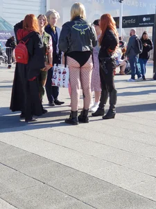 Stocky Blonde in Fishnet Pantyhose Street Creepshot