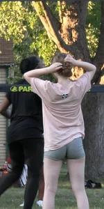 Nerdy blonde teen plays in tight short shorts