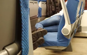 Girl with Thin Legs in Tight Jeans Asleep on the Train Seats Creepshot