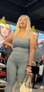 Plump Dumpy Blonde MILF in turquoise two-piece Spandex