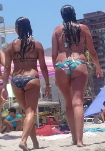 Thick and skinny sexy friends on the beach in bikinis