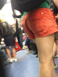 Teen in Orange Shorts Subway Train Closeup Candid