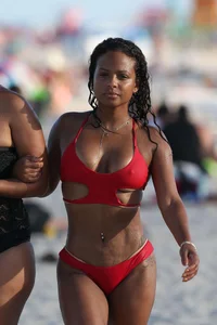 Christina Milian in red bikini in Miami with hard nipples