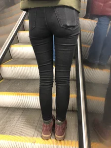 Cute Booty in Tight Jeans Subway Escalator Closeup