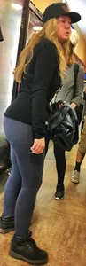PAWG blonde in grey leggings while shopping