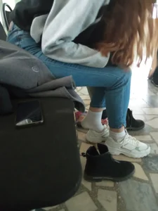 College teen girls changing shoes