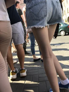 Skinny Legs in Denim Shorts City Street Candid Pics