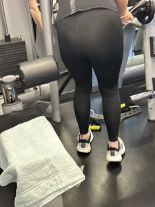 Blond bends in front of me with vpl at gym