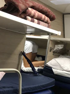 Barefoot Girl in Shorts in the Train Sleeping Car Candid Gallery
