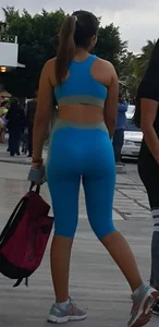 Beautiful and sexy babe out in blue leggings and crop top