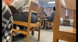College babe with a nice ass in leggings and sweats at the library