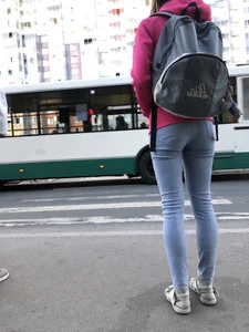 Perfect Skinny Ass and Legs in Tight Blue Jeans Creepshots Series at a Crosswalk