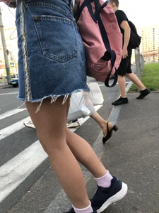 Girl in Denim Skirt with Hot Skinny Legs Street Candid
