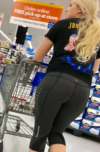 PAWG blonde shopping at Walmart in tight grey leggings