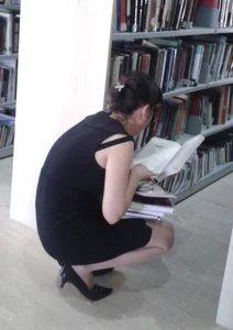 Cute Library Girl in a Dress, Pantyhose And Heeled Shoes Creepshots