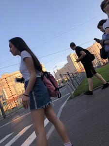 Girl in Denim Skirt with Hot Skinny Legs Street Candid