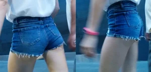 Perfect Hot Butt in Blue Fringed Denim Shorts Street Creepshots