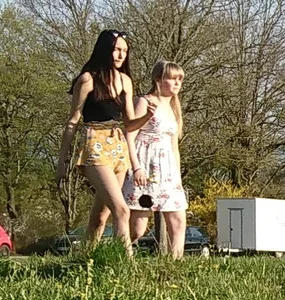 Talking to two cute candid German girls in shorts