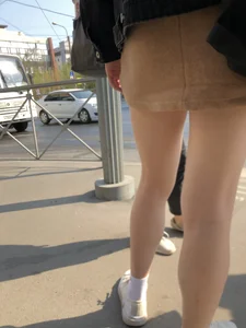 Hot Legs in a Skirt - Girl Standing on the Pedestrian Crosswalk Closeup Creepshots