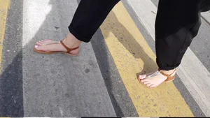 Feet in Sandals Closeups - Girl at the Crosswalk Street Creepshots