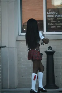 Sexy ebony Tilted Kilt employee in her uniform
