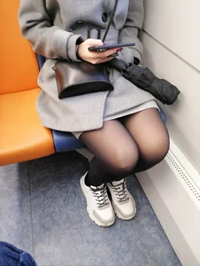 Cute Redhead in Black Pantyhose Sitting in Public Train Candid Photos