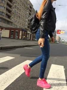Hot Girl in Tight Blue Jeans And Bright Pink Sneakers on a Crosswalk Street Booty Creepshots Collection