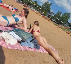 Group of Skinny Candid Girls in Swimsuits at a Beach Hot Photo