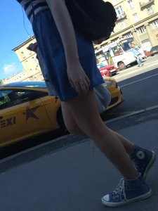 Girl in a Skirt With Sexy Skinny Legs Walking Down a Street Creepshots Collection