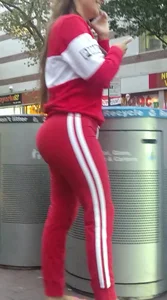 Hot Round Booty in Red Pants Street Closeup