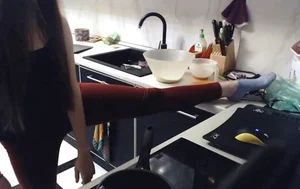 Skinny Legs and Feet in Blue Socks - Girl with Her Foot on the Kitchen Table Home Selfie