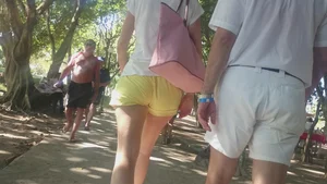 Milf in yellow shorts with vpl and a wedgie