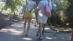 Milf in yellow shorts with vpl and a wedgie