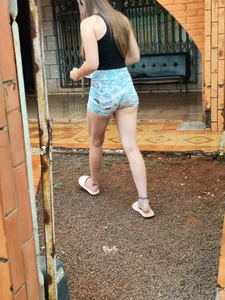 Skinny blonde receiving her order with her cameltoe swallowing her volleyball shorts