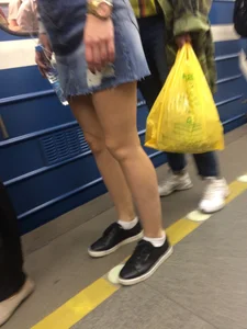 Subway Escalator Upskirt - Denim Mini-Skirt with Hot Long Legs