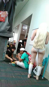 Barefoot Broad-Hipped Candid Blonde Cosplayer Girl in Panties Creepshot