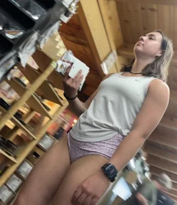 A Nice Candid Girl in Pink Mini Shorts And Slippers at the Store, Awesome Legs