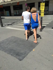 Blonde milf in tiny blue skirt with vpl