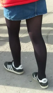 Girl out in denim skirt and tight stockings with nice legs