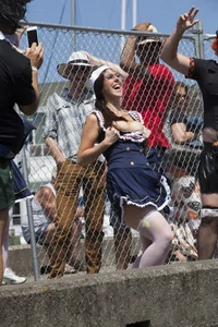 Girl in sailor costume flashes her tits quickly