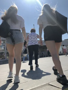 Stocky Girls in Denim Shorts on the Street Stairs Nice Legs Candid Photos