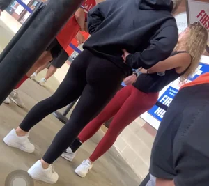 Curly Blonde Hair College Girl in Tight Red Leggings (OC)